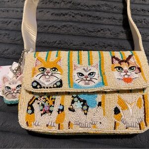 India Boutique Beaded Cat Shoulder Bag in Cream, Yellow, Blue
